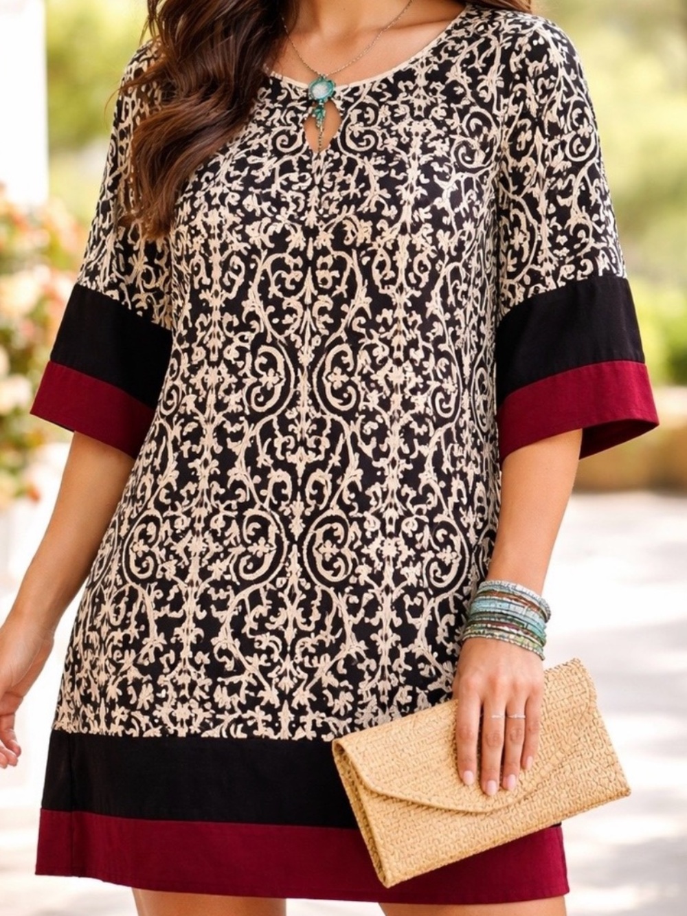 Baroque Print Shift Dress Petite Burgundy Black Keyhole Neck Chic 2XP